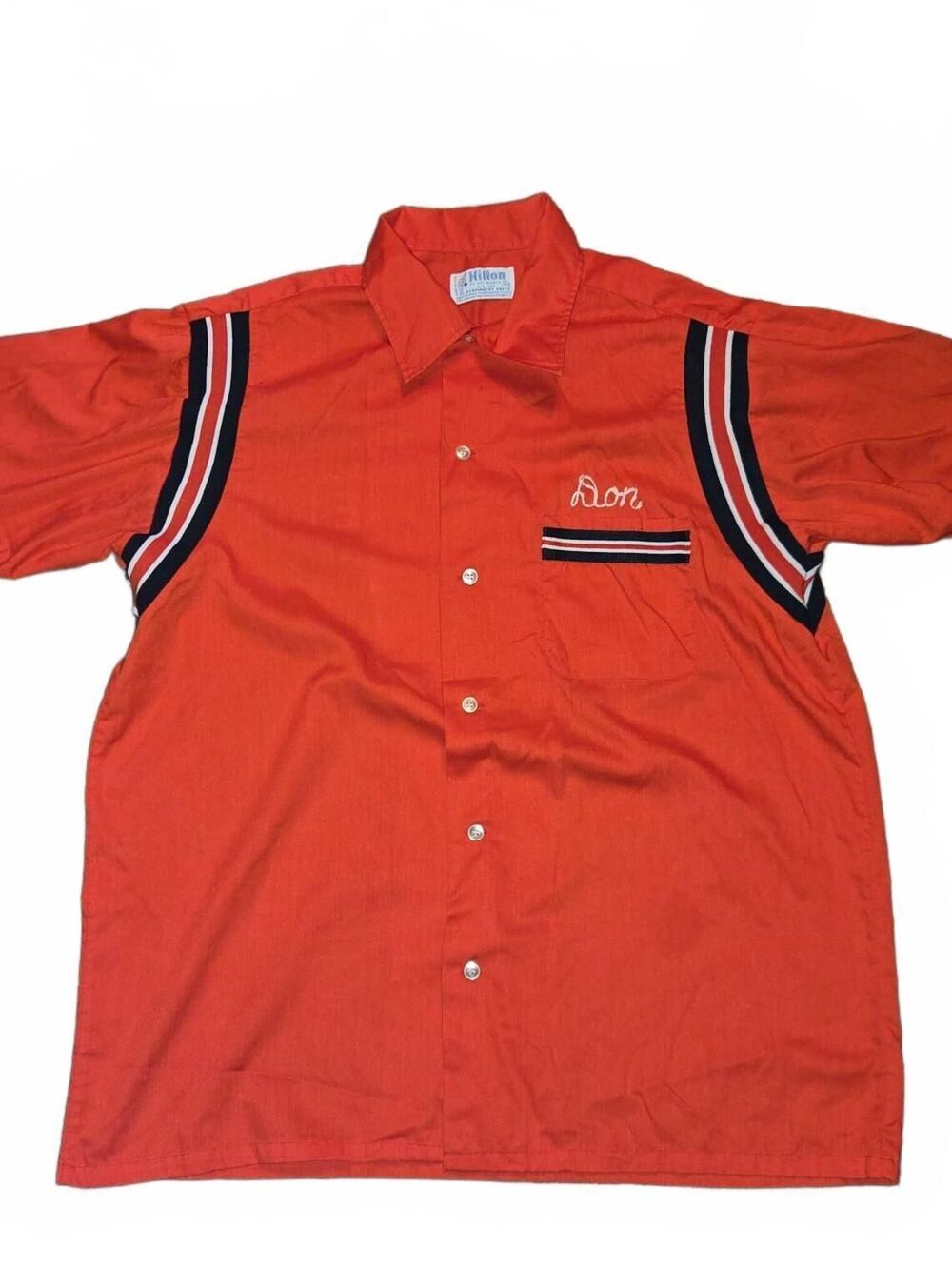 Vintage 1960s Hilton Bowling Shirt Men's Large Chain Stitched Names Red Striped